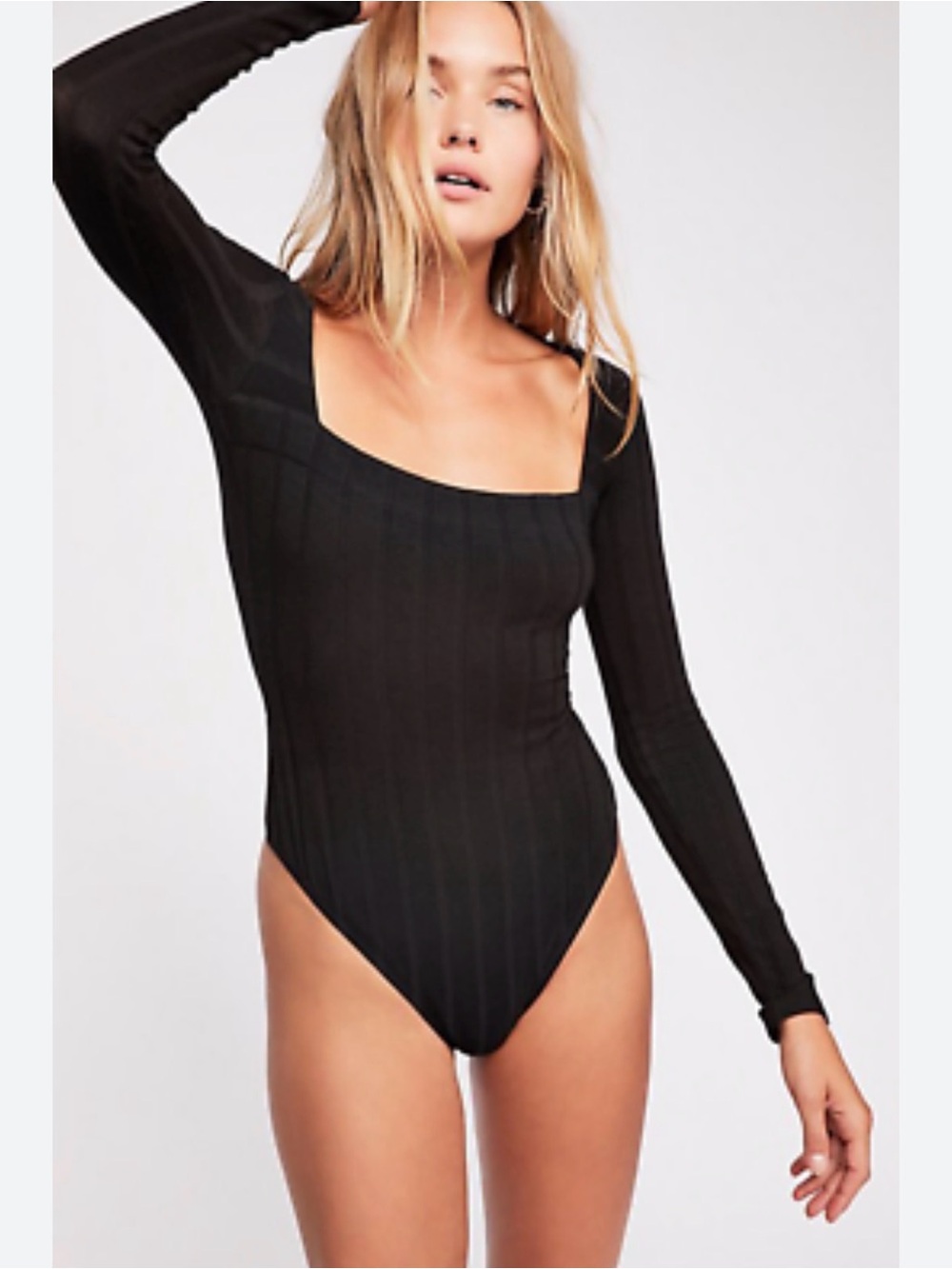 Free People Black Ribbed Square-Neck Long-Sleeve Bodysuit